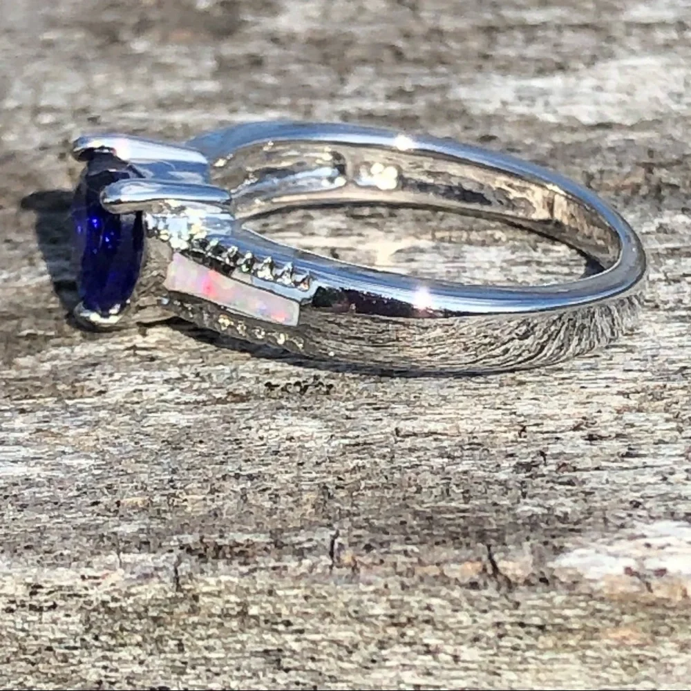 - Sapphire Heart White Fire Opal Ring SZ 7.5! NEW!